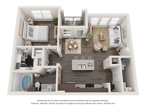 Floor plan for 1 bed, 1 bath, 729 sqft